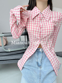 收腰内搭衬衣别致开叉喇叭袖 女春修身 上衣 衬衫 辣妹polo领格子长袖