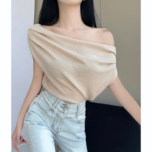 纯欲风性感一字肩烫钻短袖T恤女春夏老钱风设计小众修身显瘦上衣