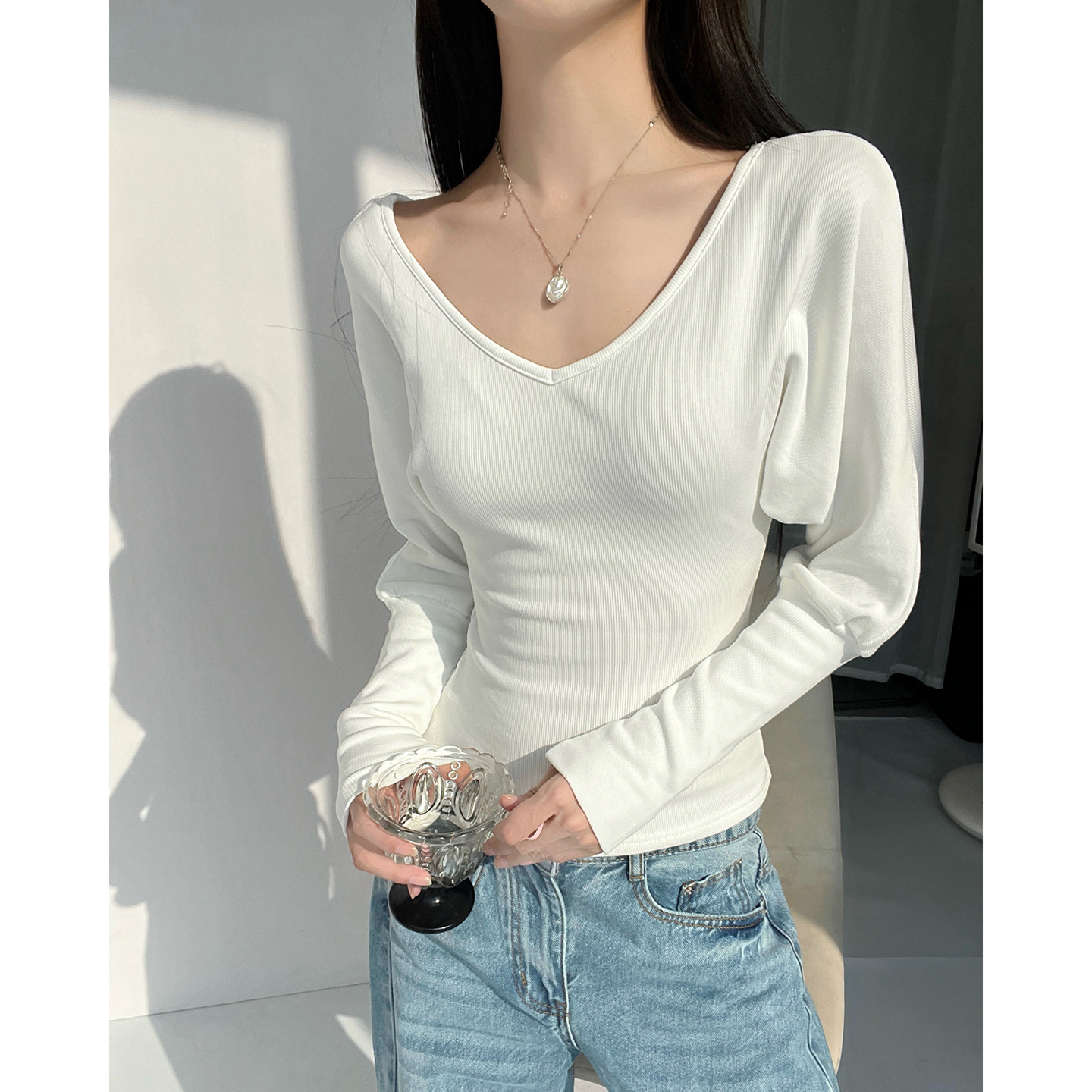 MianCun栀子味初恋深V收腰针织T恤女秋冬蝙蝠袖带绒内搭修身上衣,女装/女士精品,T恤,淘宝优惠券,粉丝福利购,淘宝优惠卷