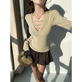 MianCun辣妹C位瘦瘦Tee 上衣 外穿内搭打底衫 V领镂空长袖 T恤女春季