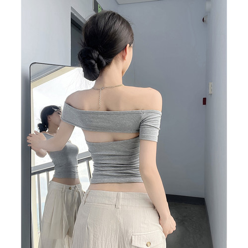 复古辣妹短款一字肩短袖t恤女