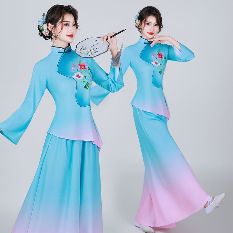 古典舞蹈演出服女飘逸渐变印花新中式立领中国风秧歌舞台装表演服