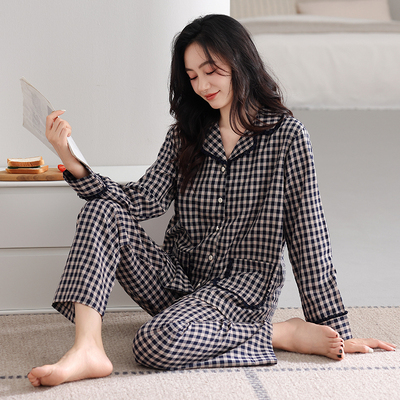 带胸垫睡衣女春秋款梭织纯棉长袖