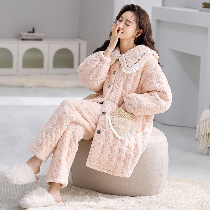 睡衣女冬季加绒珊瑚绒三层加厚夹棉袄冬款法兰绒中长款超厚家居服