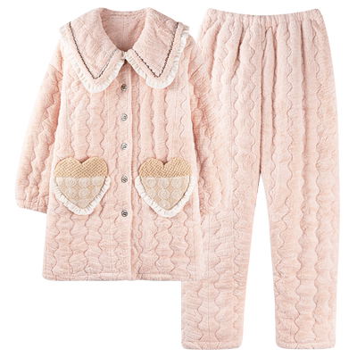 睡衣女冬季三层珊瑚绒夹棉中长款