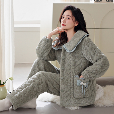 睡衣女冬季三层加厚保暖夹棉套装