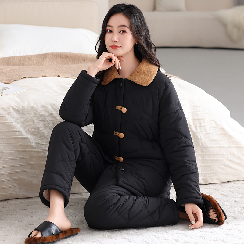 睡衣女秋冬季三层加厚羽绒夹棉袄
