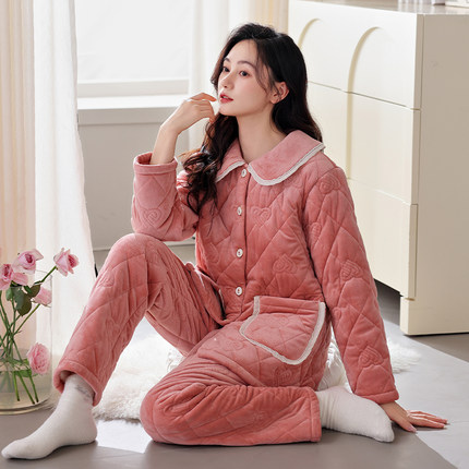 睡衣女士2024年新款中年妈妈加厚秋冬季珊瑚绒夹棉保暖家居服套装