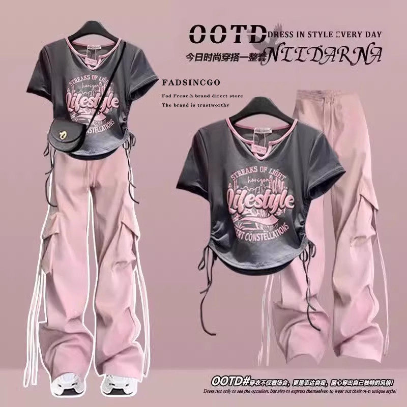 法国Uamtor女童甜酷T恤套装中学生炸街上衣时尚工装裤休闲两件套