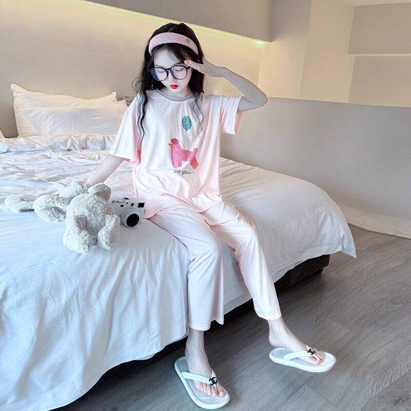 法国Uamtor女童睡衣夏季2026新款家居服莫代尔薄款短袖空调服套装