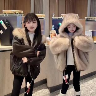 法国Uamtor女童两面穿连帽棉服2025冬季皮衣毛绒短款皮草加厚外套
