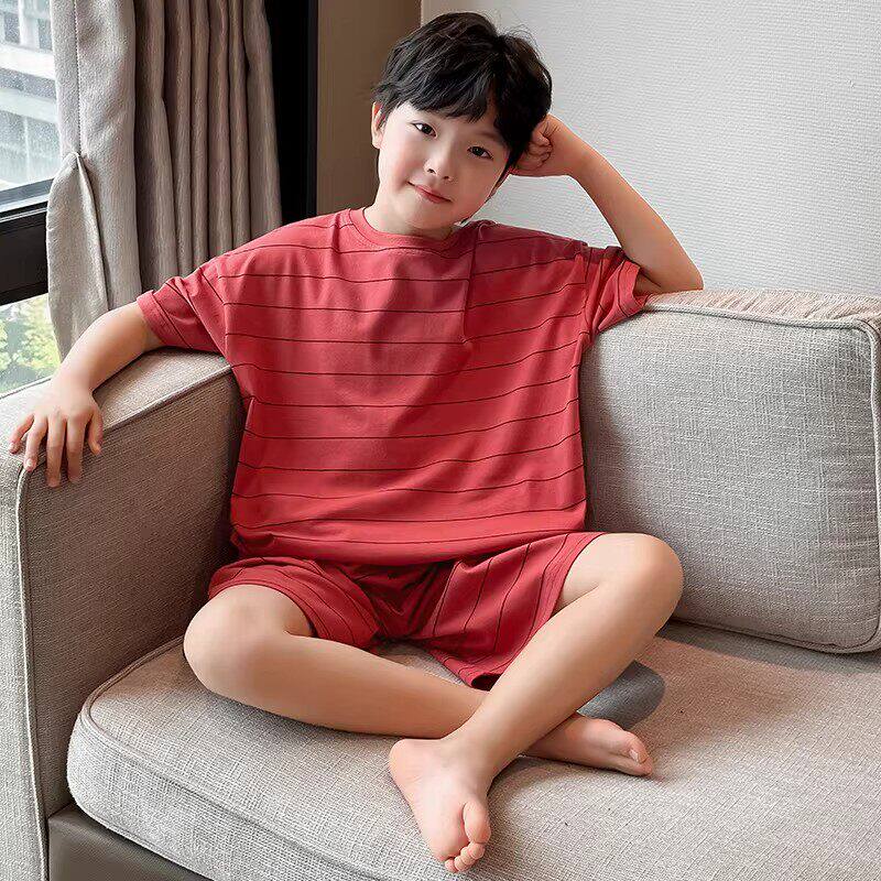 法国Uamtor男童夏季睡衣家居服套装中大童男孩薄款纯棉条纹空调服