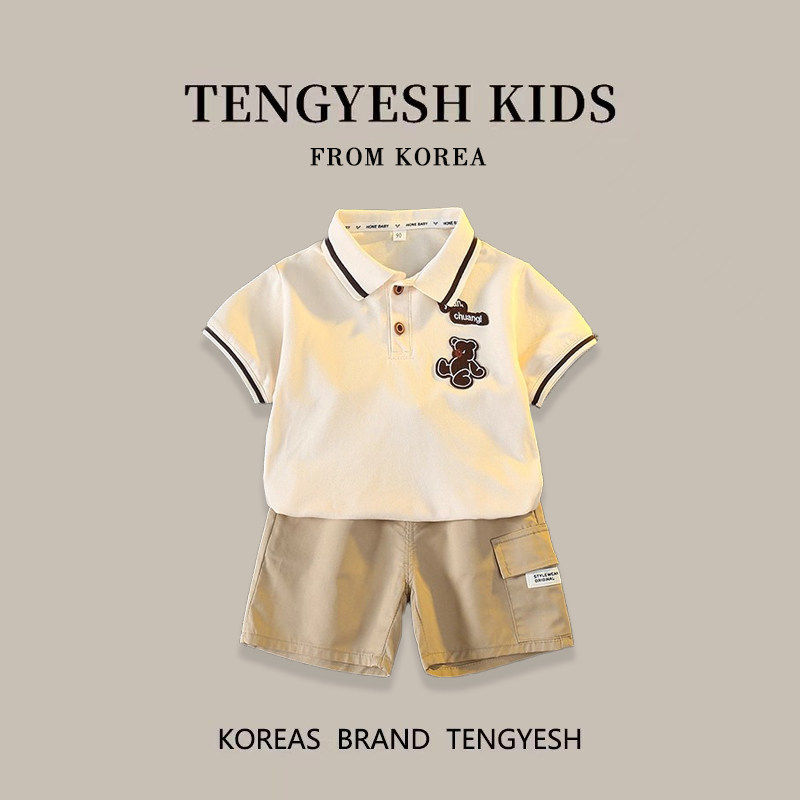 韩国TENGYESH男童夏装新款休闲短袖运动POLO衫男孩上衣短裤两件套