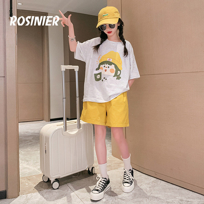 韩国ROSINIER女童套装夏季短袖短裤运动服中大童夏款儿童休闲夏装