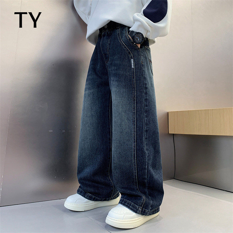 韩国TY童装潮牌男童加绒直筒牛仔裤子秋冬季中大男孩儿阔腿长裤厚