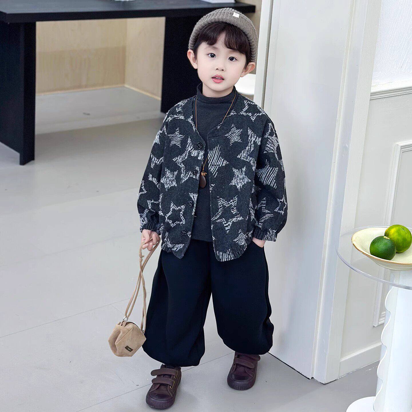 法国Uamtor男童套装春秋2026新款时髦儿童韩版衬衣外套春装三件套