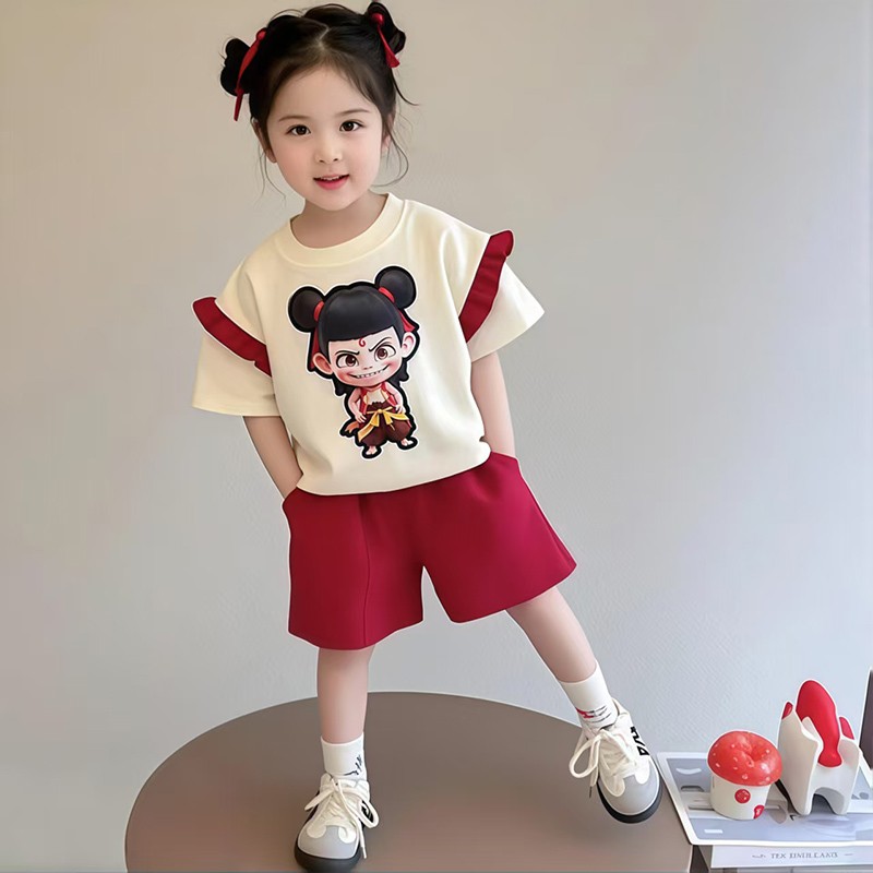 NextKiss儿童潮酷哪吒服装短袖套装2025夏季新款女童卫衣宝宝衣服