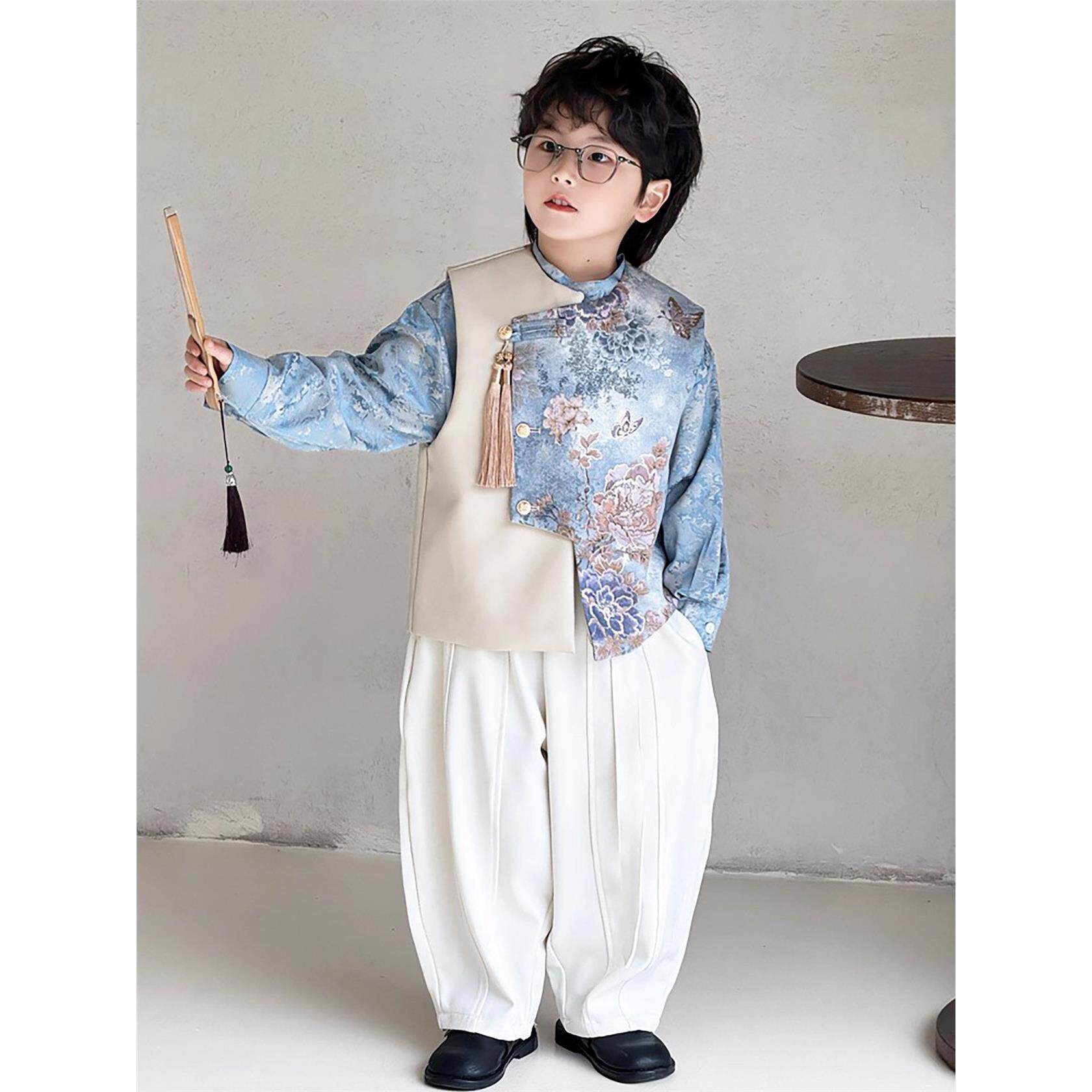 法国Uamtor男童国风马甲套装春秋季新中式儿童唐装汉服周岁礼服装