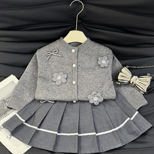 英国DGKP2026春秋季新款女童针织套装时髦毛衣开衫外套半身裙潮