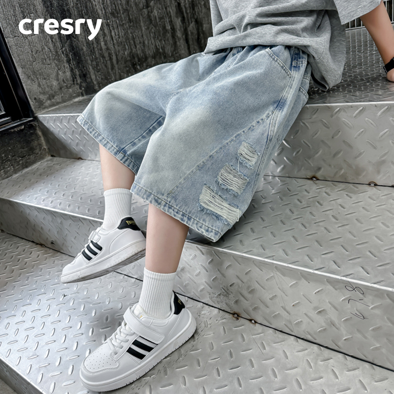 韩国CRESRY童装男童破洞牛仔短裤夏款2025新款中大童夏装六分裤潮