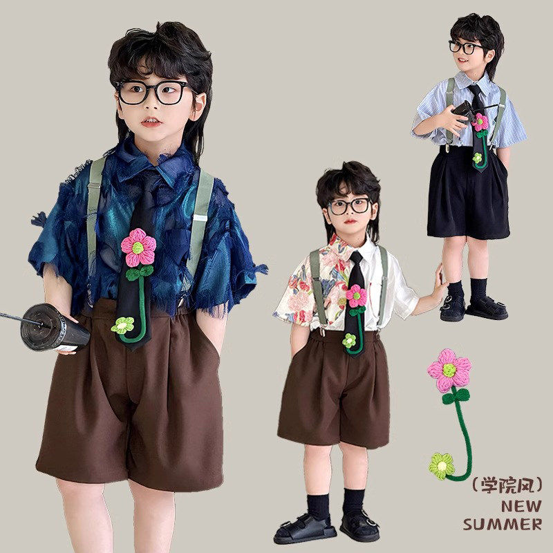 法国Uamtor儿童六一套装夏季新款男童背带裤演出服宝宝主持人礼服