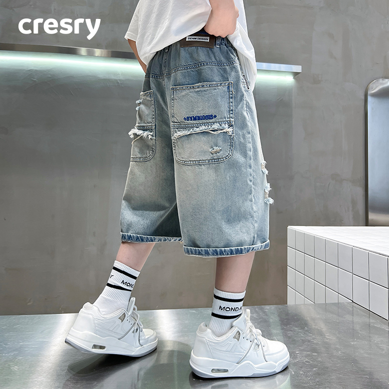 韩国CRESRY童装潮牌男童短裤儿童夏季薄款破洞牛仔裤男孩五分中裤