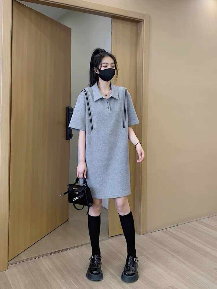 胖mm夏季韩版新款宽松显瘦中长款翻领针织短袖连衣裙遮肉显瘦