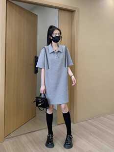胖mm夏季韩版新款宽松显瘦中长款翻领针织短袖连衣裙遮肉显瘦