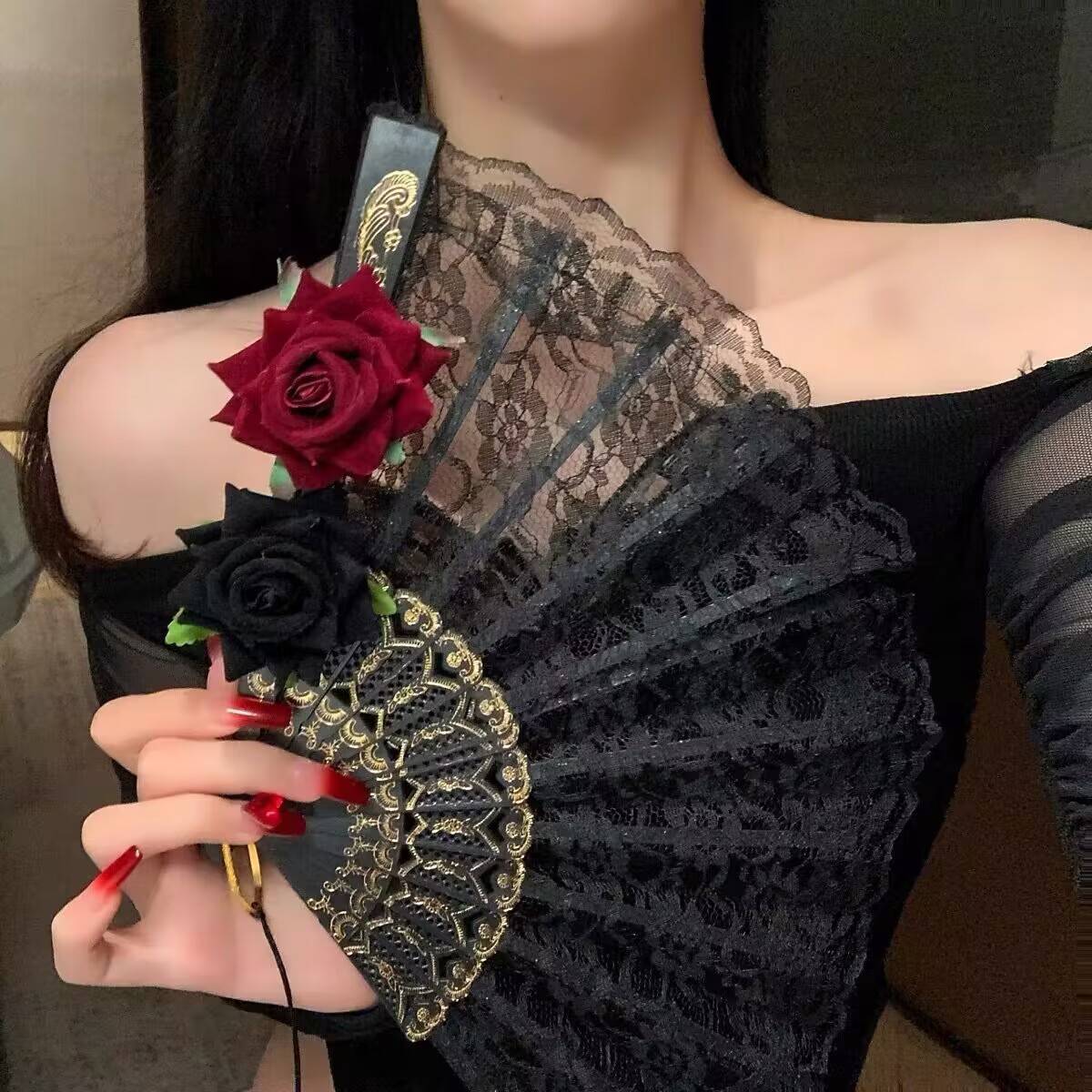 lolita蕾丝扇子华丽复古欧式玫瑰