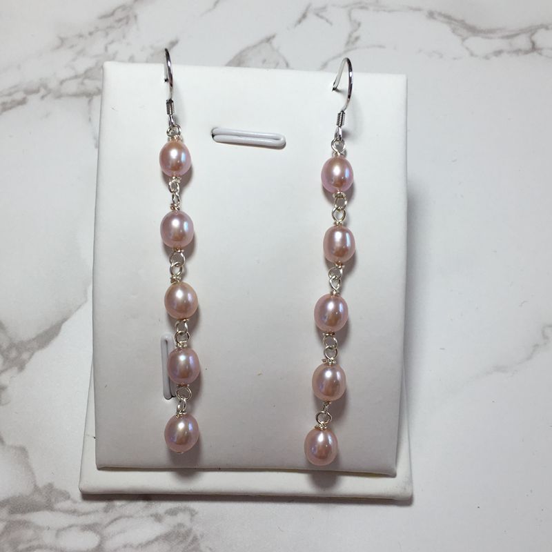 天然紫色米形淡水珍珠长款耳环