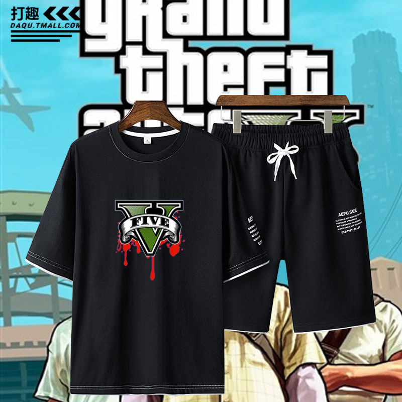 GTA周边5侠盗猎车手游戏男女青少年夏季休闲百搭宽松短袖短裤套装