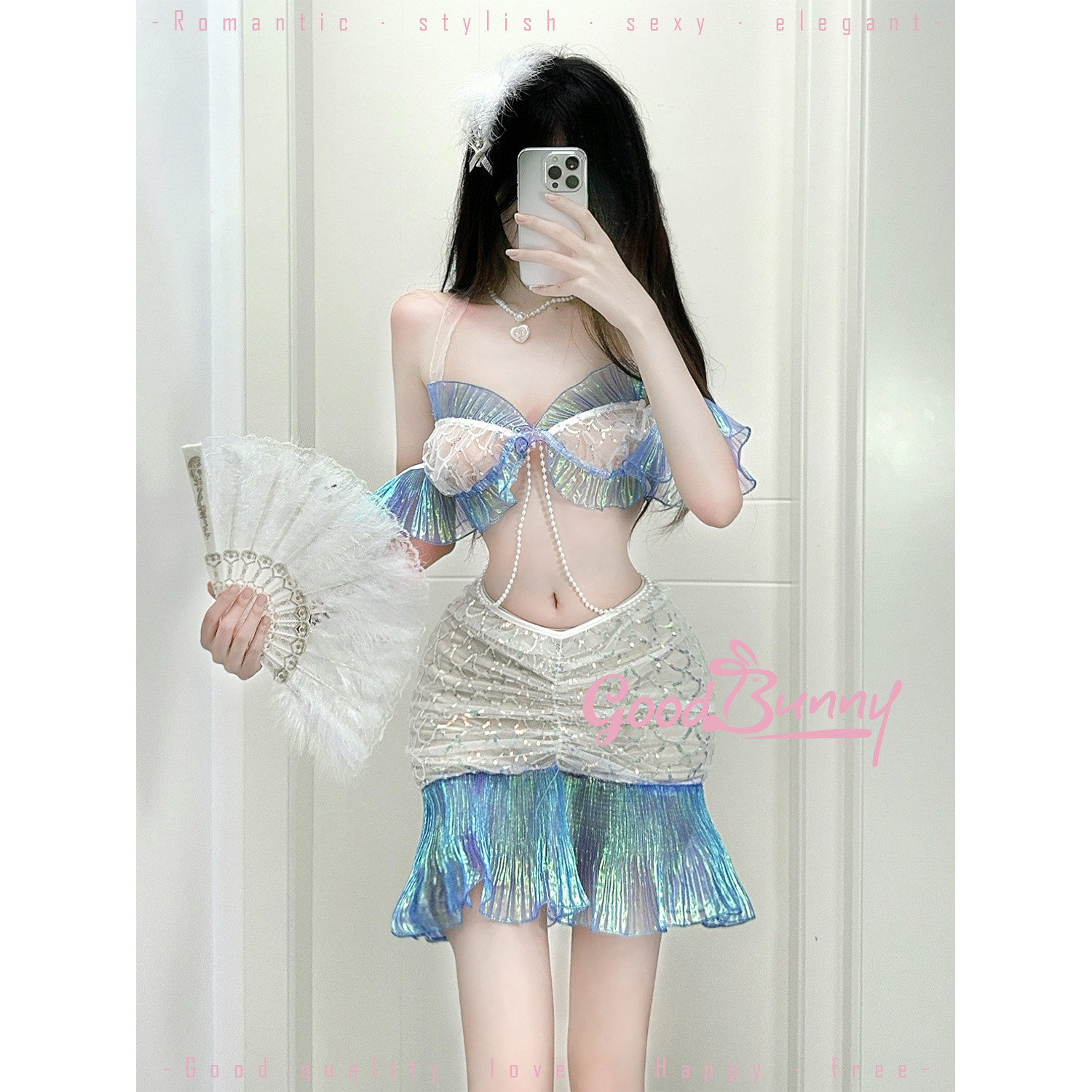 good bunny:美人鱼 性感纯欲风套装透视蕾丝珍珠吊带裙制服套装