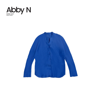 小V立领长袖立体裁剪纯色单排扣衬衣/克莱因蓝白色SML