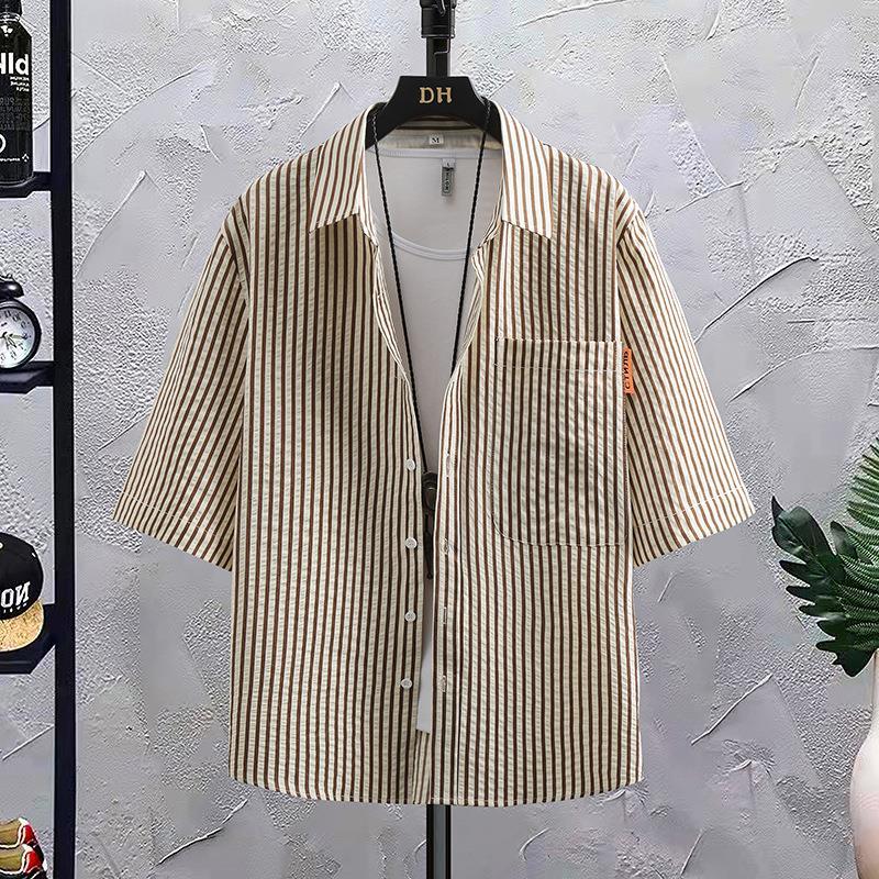 2025夏季新款条纹口袋中袖翻领衬衫男港风宽松青年休闲半袖衬衣薄