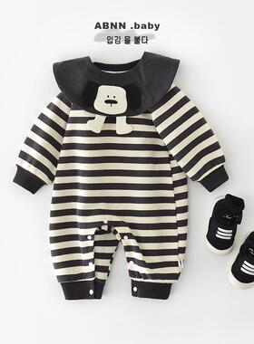 2025秋季新款儿童卡通连身衣 新生儿条纹脱卸领长袖爬服53566