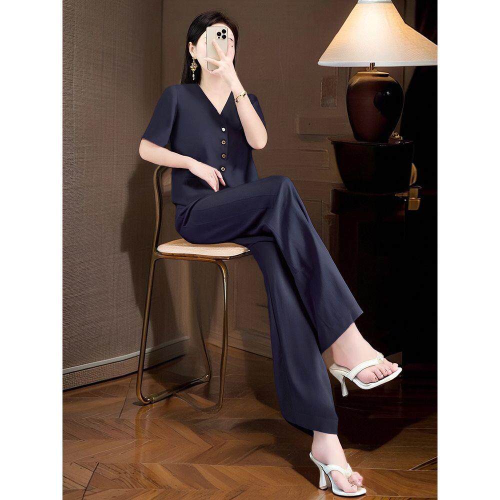 大方得体穿搭一整套夏日套装女老钱风高级感短袖上衣阔腿裤两件套