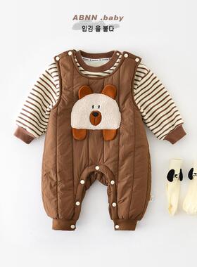 儿童冬季新款背带裤男童绗棉保暖可开档连体裤婴儿可爱外穿95648B