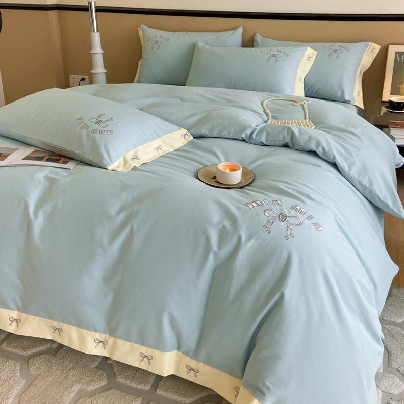 A类全棉加厚磨毛四件套轻奢纯色长绒棉被套纯棉刺绣4件套床品