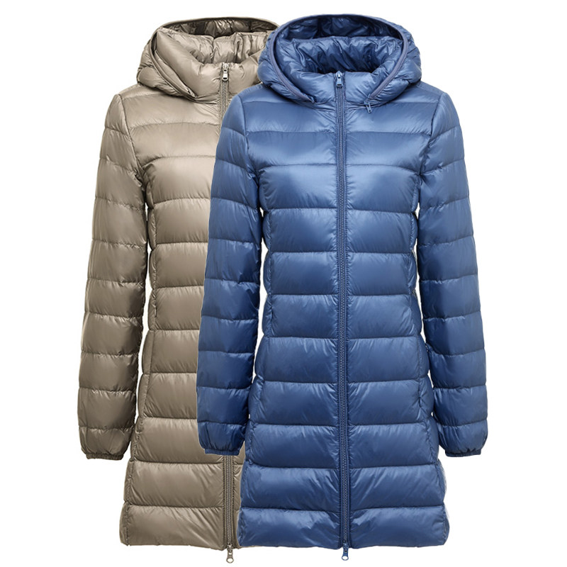 优款冬装轻薄羽绒服女士中长款连帽修身显瘦白鸭绒外套大码脱卸帽
