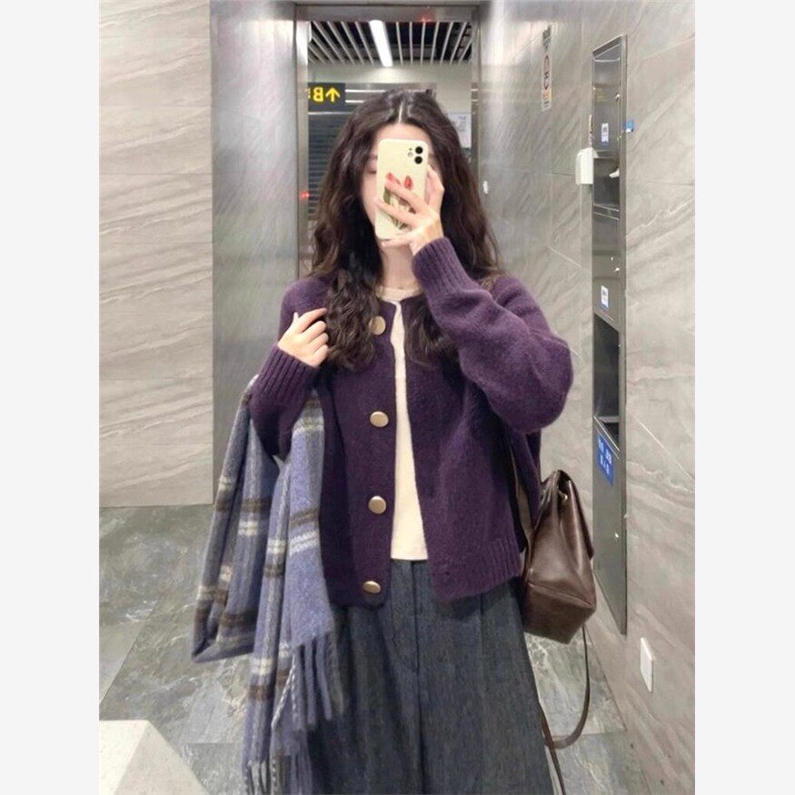 超好看紫色毛衣开衫女2025新款秋冬季慵懒高级感宽松针织外套上衣