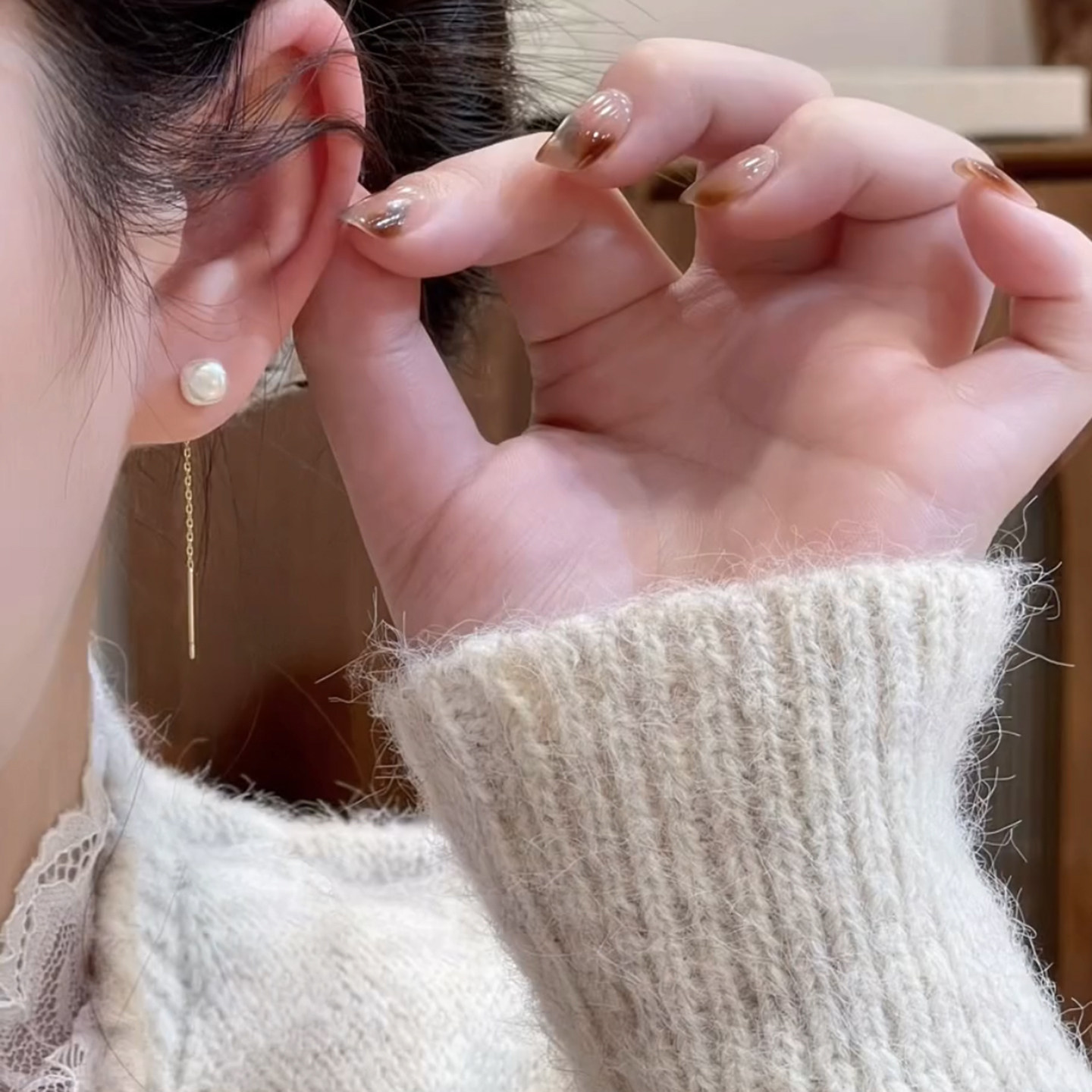 温柔甜美简约方形珠珠耳线女
