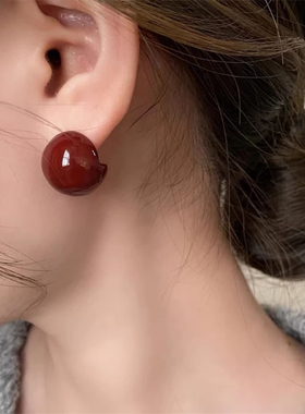 复古酒红色相思豆925银针耳钉时尚高级感气质耳环女秋冬爆款耳饰