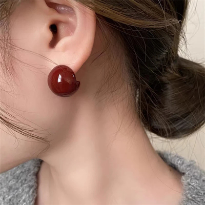 酒红色相思豆纯银针耳钉爆款耳饰