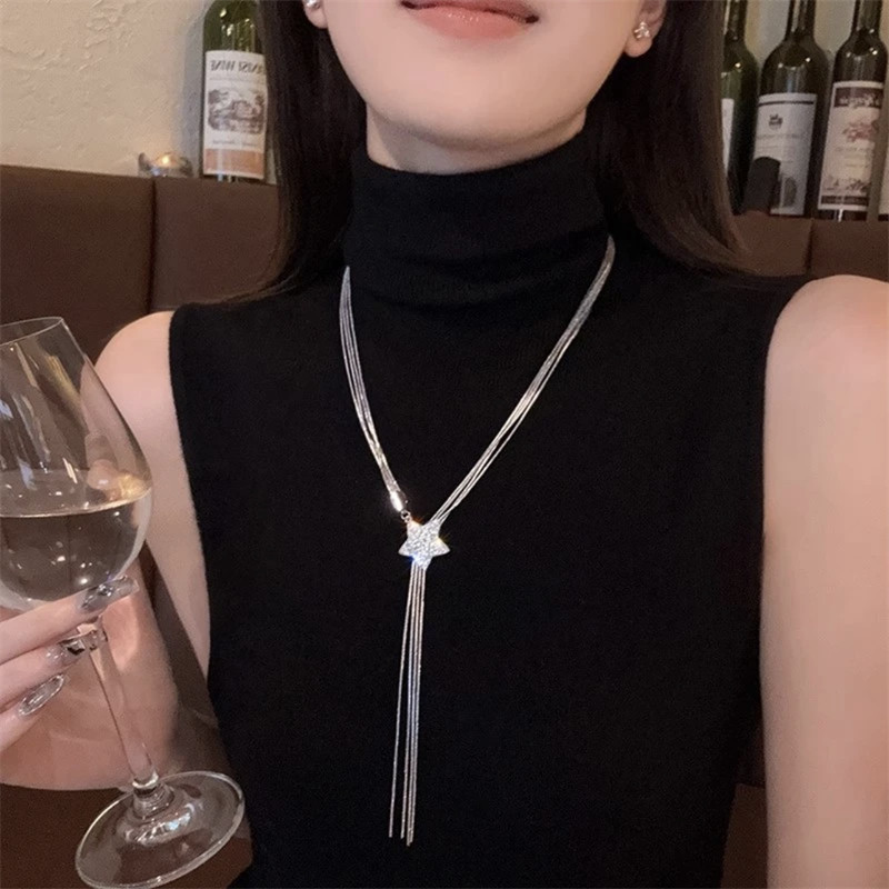 钛钢不掉色流星多层项链女气质锆石五角星时尚轻奢设计长款毛衣链