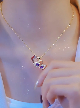 时尚经典紫色锆石双天鹅项链女