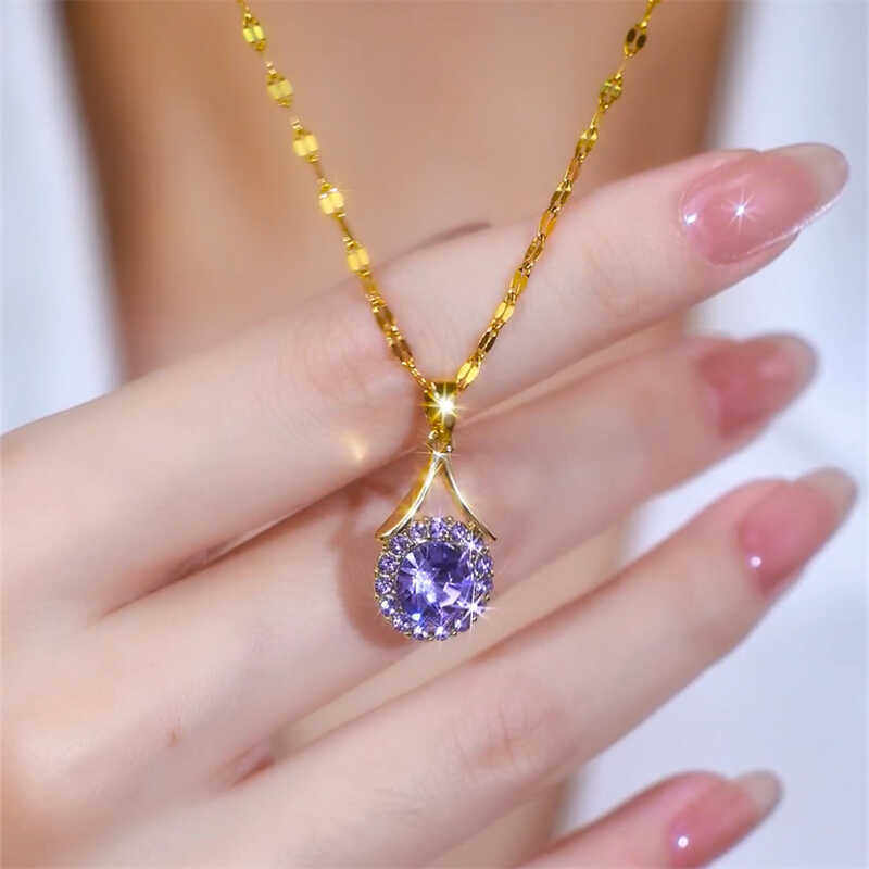 紫气东来紫色水晶吊坠项链女新款简约大气颈链轻奢气质百搭锁骨链