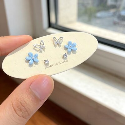 蓝色花朵蝴蝶耳钉六件套耳环女