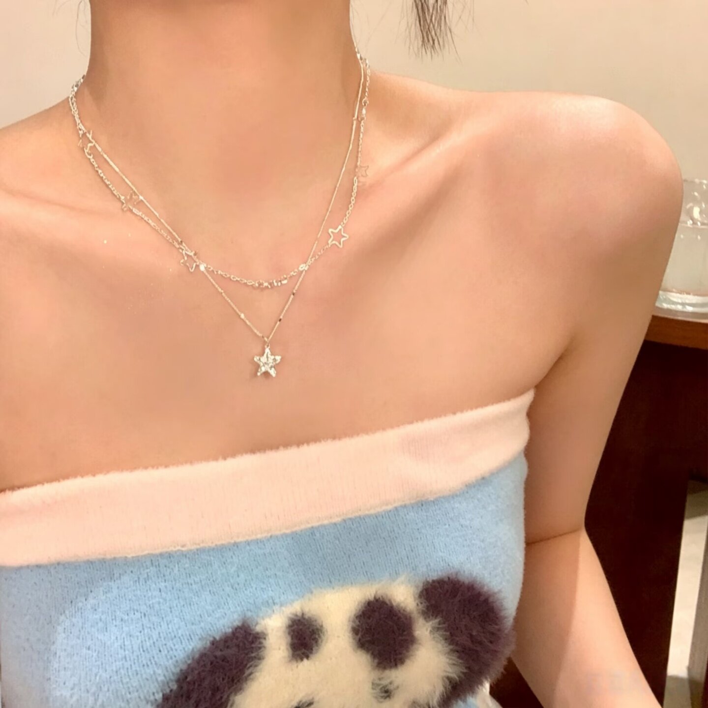 精致闪锆双层叠戴星星吊坠项链女