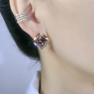 紫色水晶方形耳钉女网红新款高级感显白耳饰气质百搭925银针耳环