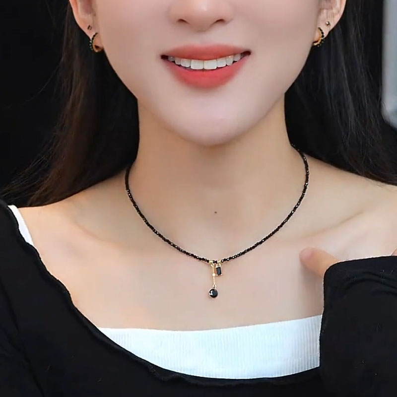 复古黑色串珠流苏项链女锁骨链